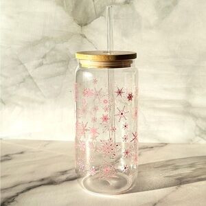 Clear Glass Tumbler with Pink Snowflake Design